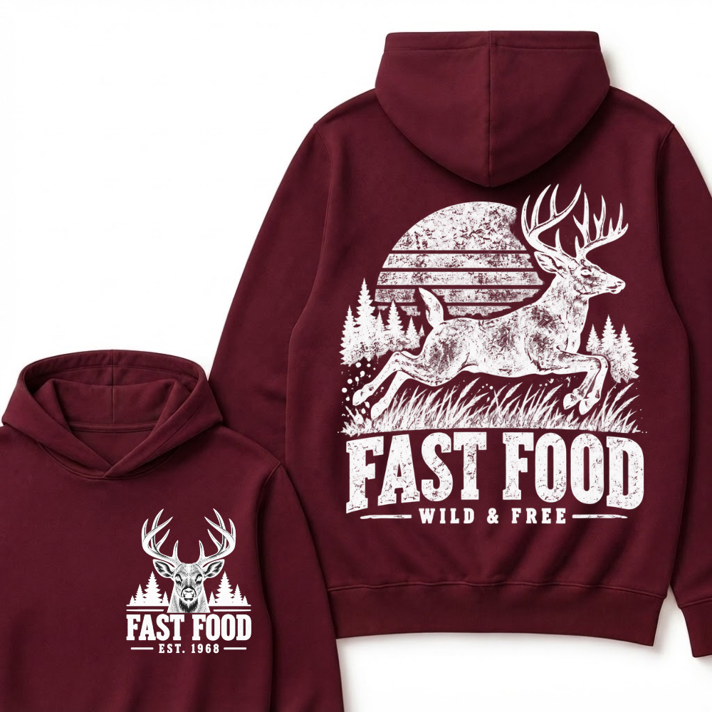 Fast Food Wild & Free Deer Hunting Hoodie EST.Year Vintage Buck Hunter Forest Graphic Hoodie
