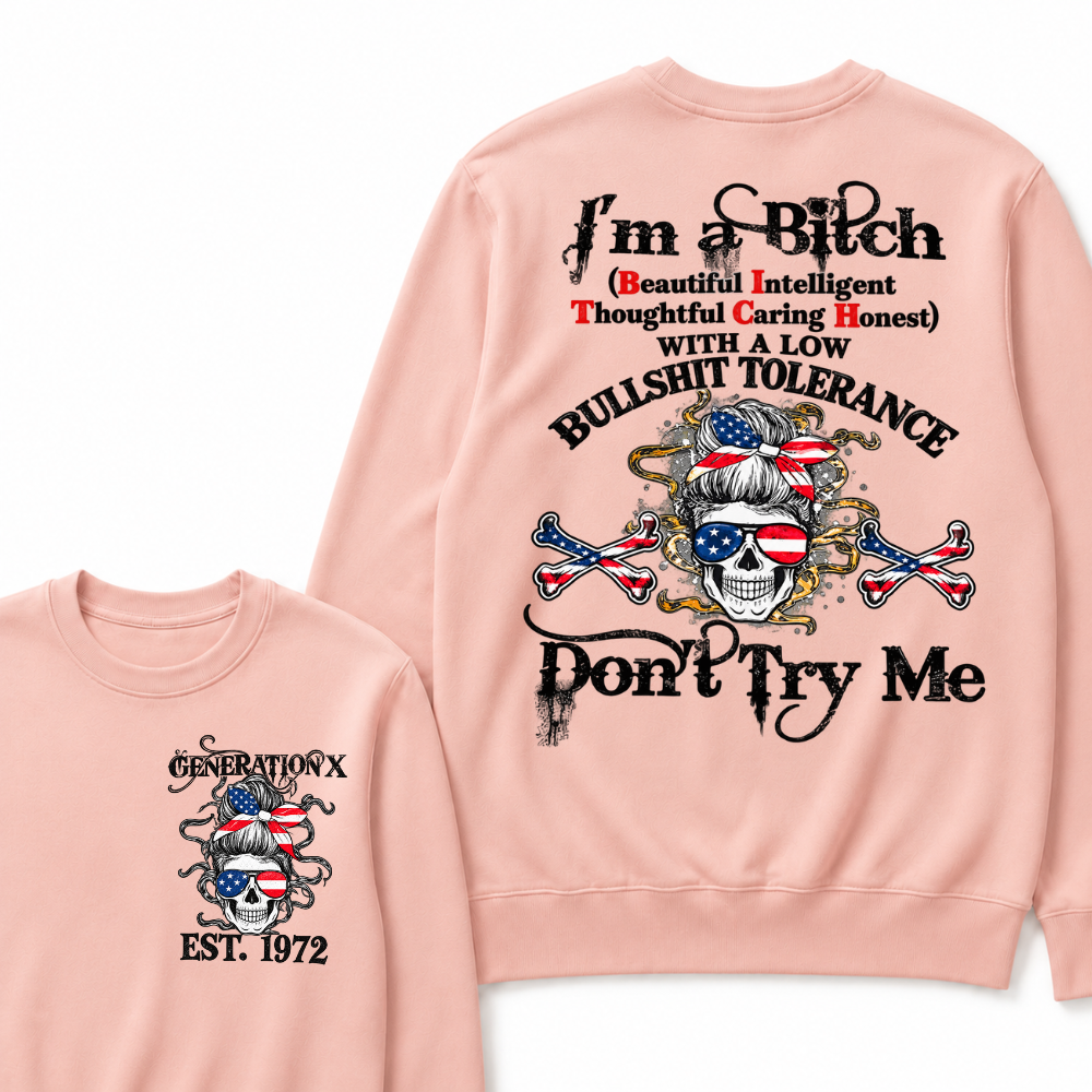 Gen X EST.Year Messy Bun American Flag Skull Low Tolerance Sarcastic Graphic Crewneck Sweatshirt