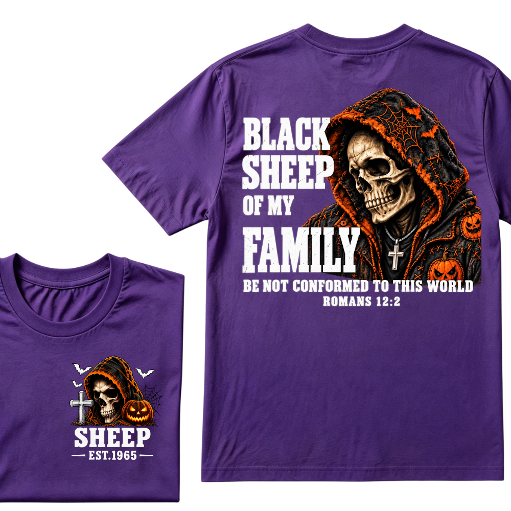 Black Sheep Of My Family Halloween Skull Hooded T-Shirt, Be Not Conformed To This World Romans 12:2 Christian EST.Year Pumpkin Bat Print Graphic Tee