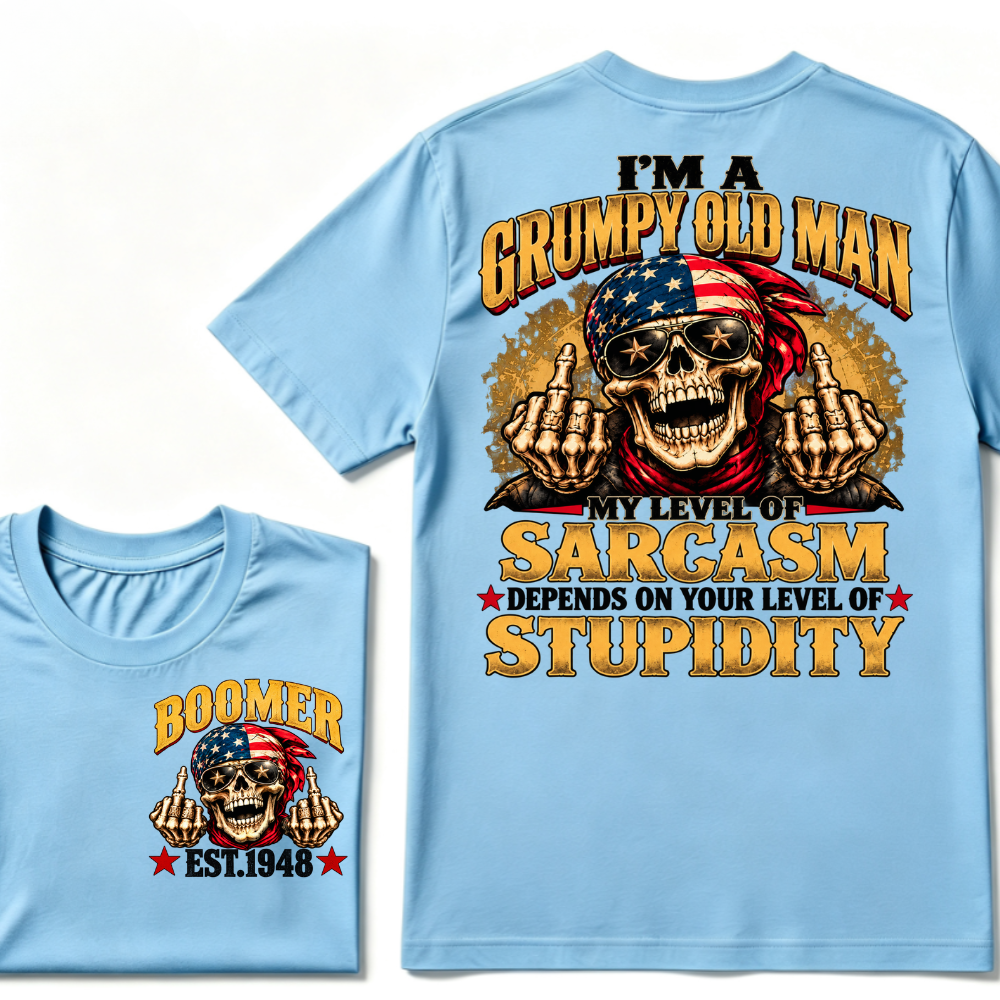 EST.Year I'm A Grumpy Old Man My Level Of Sarcasm Depends On Your Level Of Stupidity American Flag Skull Graphic T-Shirt