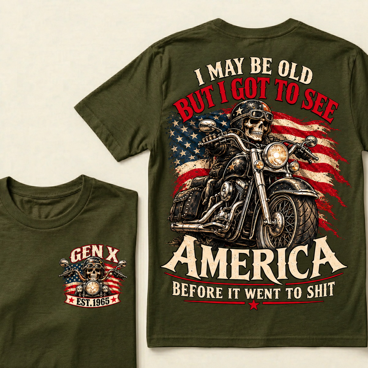 Funny Gen X Biker T-Shirt, Vintage Motorcycle Skull American Flag Tee, Retro 1965 Gen X Gift, Patriotic Biker Shirt
