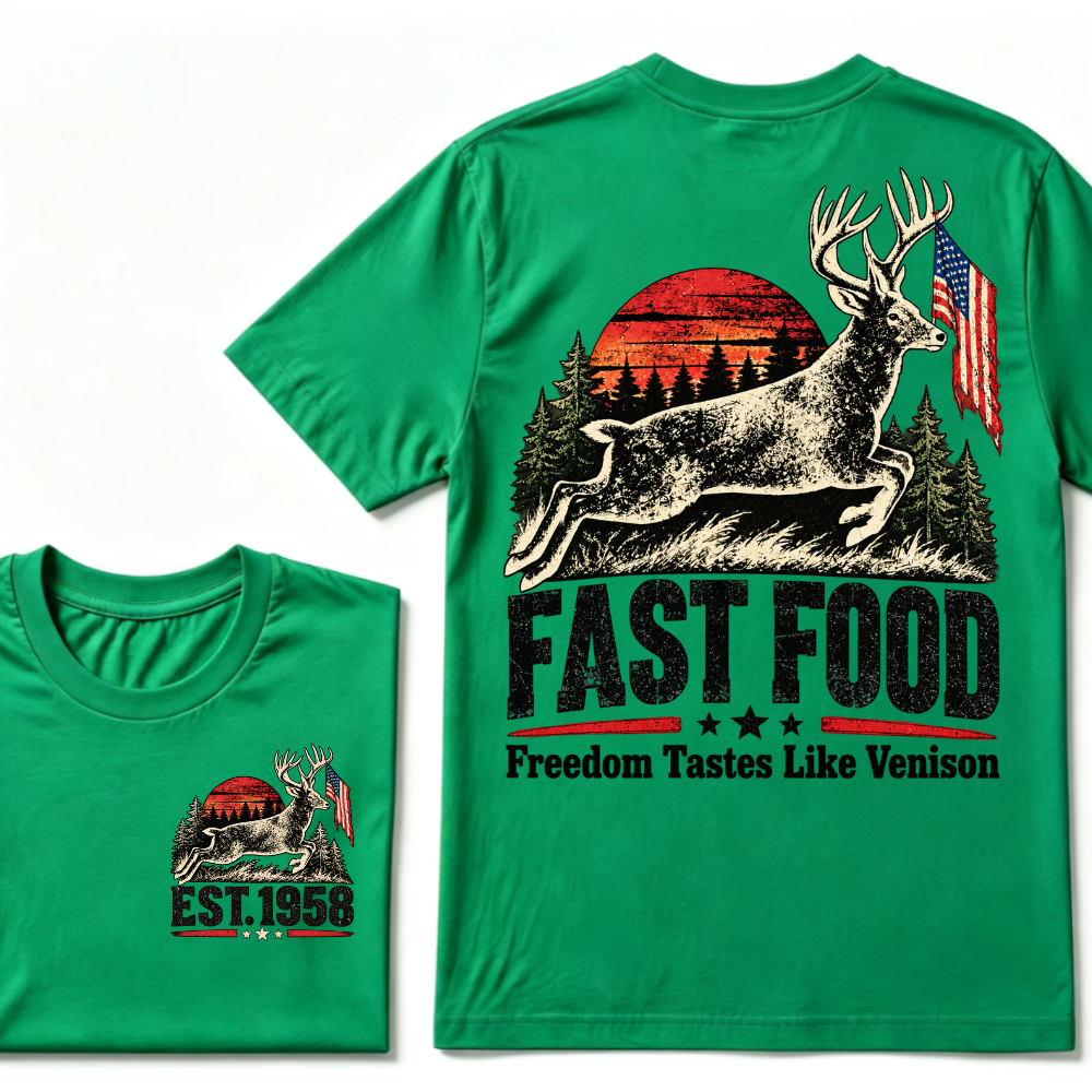 Fast Food Deer Hunting T-Shirt, Freedom Tastes Like Venison Vintage Sunset USA Flag EST.Year Hunter Graphic Tee