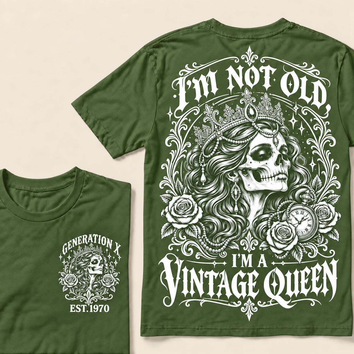 "I'm Not Old I'm A Vintage Queen" T-Shirt, Funny Gen X Sarcastic Tee, Gothic Skull Crown Gift for Her
