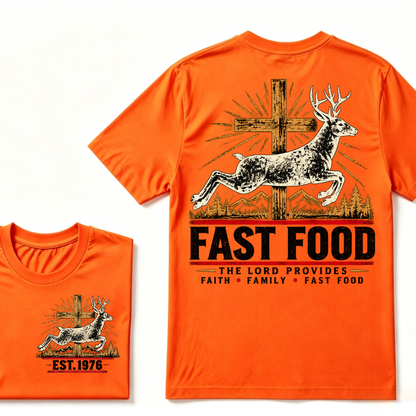 Faith Family Fast Food Deer Hunting T-Shirt, The Lord Provides Vintage Cross EST.Year Hunter Graphic Tee
