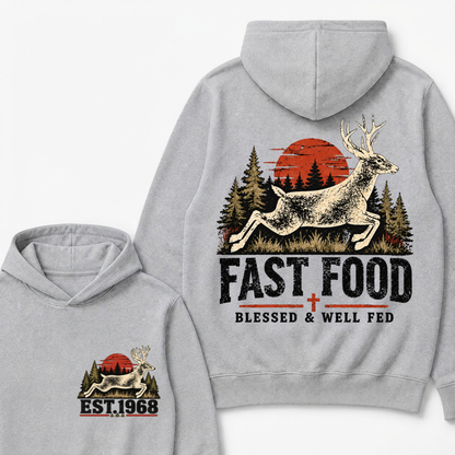 Fast Food Deer Hunting Hoodie, Blessed & Well Fed Vintage Sunset Forest EST.Year Christian Hunter Graphic Hooded Sweatshirt