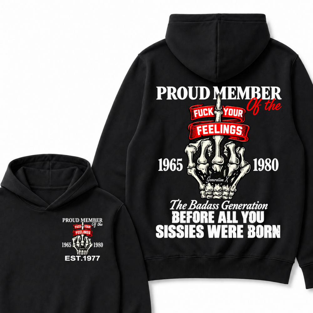 Proud Member Of The Gen X 1965-1980 Skeleton Hand Quote Front Back Print EST.Year Attitude Graphic Hoodie