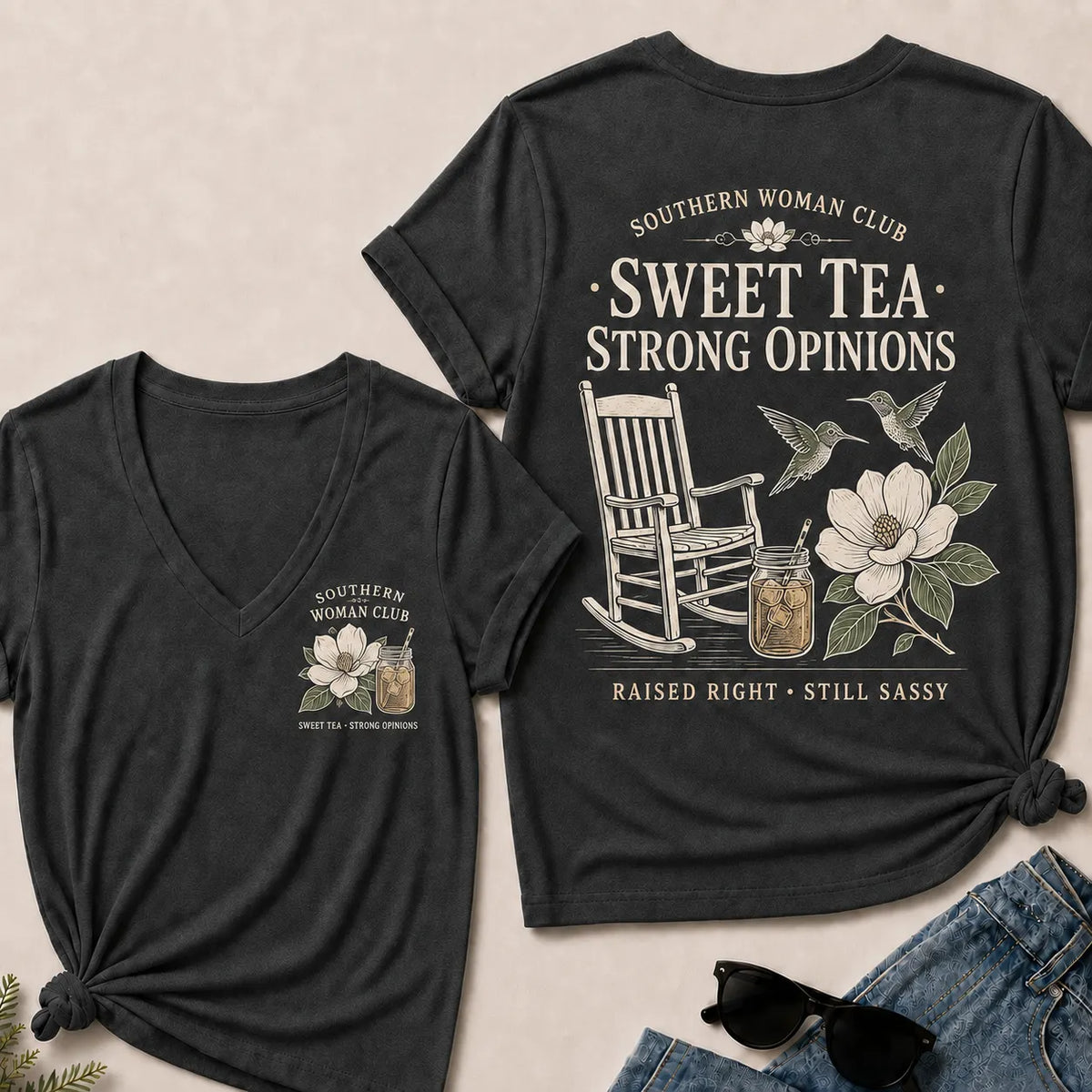 Southern Woman Club Sweet Tea Strong Opinions V-Neck T-shirts– Vintage Magnolia Graphic  V-Neck T-shirts For Southern Women