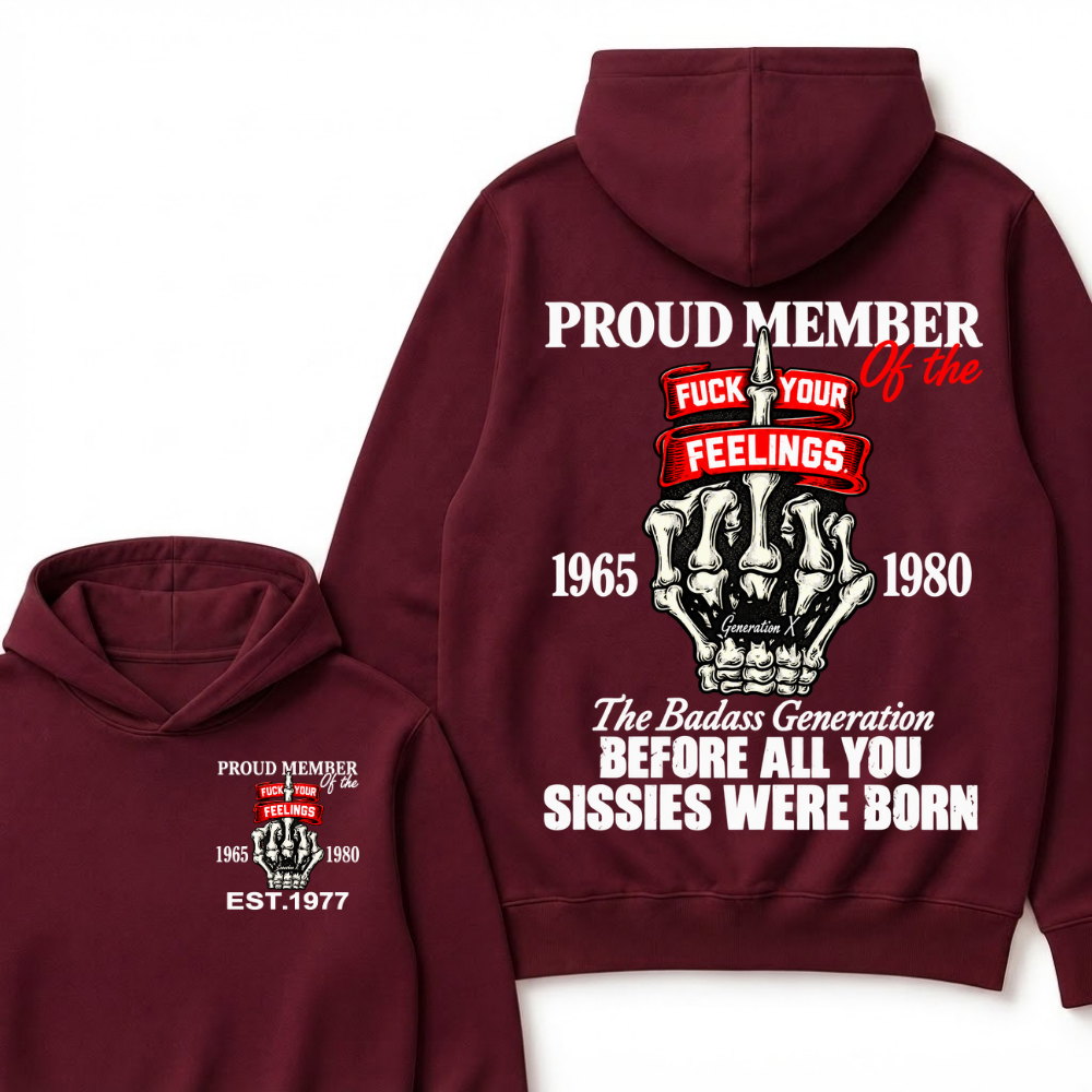 Proud Member Of The Gen X 1965-1980 Skeleton Hand Quote Front Back Print EST.Year Attitude Graphic Hoodie