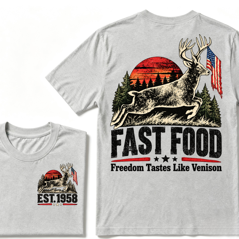 Fast Food Deer Hunting T-Shirt, Freedom Tastes Like Venison Vintage Sunset USA Flag EST.Year Hunter Graphic Tee