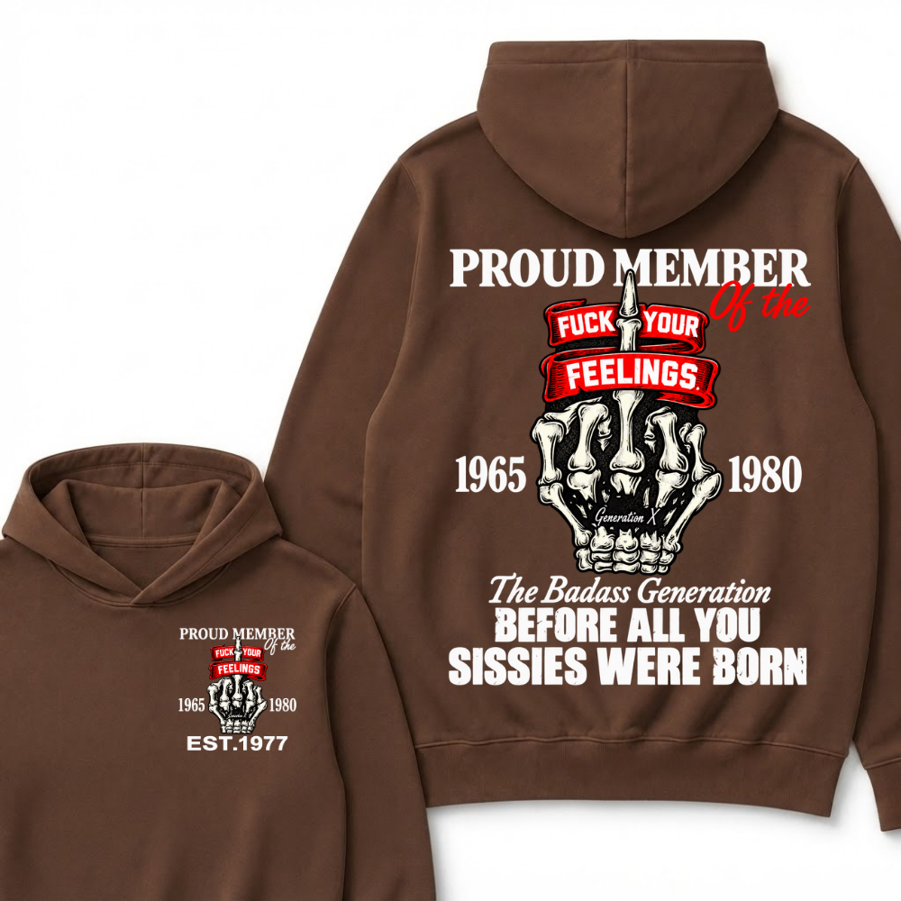 Proud Member Of The Gen X 1965-1980 Skeleton Hand Quote Front Back Print EST.Year Attitude Graphic Hoodie