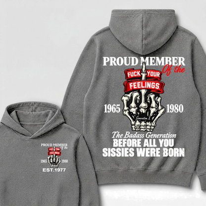 Proud Member Of The Gen X 1965-1980 Skeleton Hand Quote Front Back Print EST.Year Attitude Graphic Hoodie