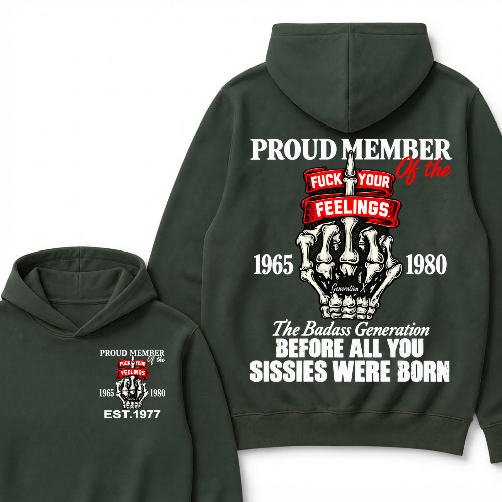 Proud Member Of The Gen X 1965-1980 Skeleton Hand Quote Front Back Print EST.Year Attitude Graphic Hoodie