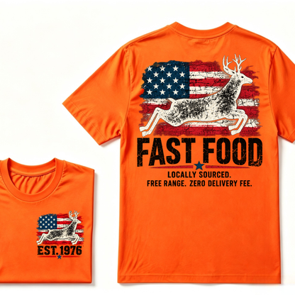 Fast Food Deer Hunting T-Shirt, Locally Sourced Free Range Zero Delivery Fee Vintage American Flag EST.Year Hunter Graphic Tee
