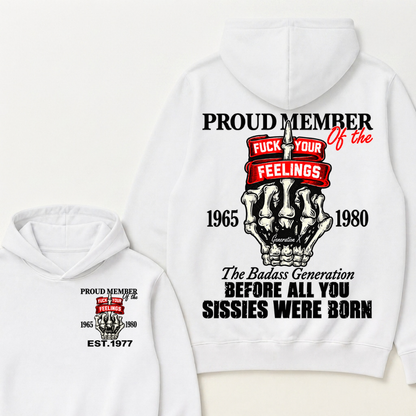 Proud Member Of The Gen X 1965-1980 Skeleton Hand Quote Front Back Print EST.Year Attitude Graphic Hoodie
