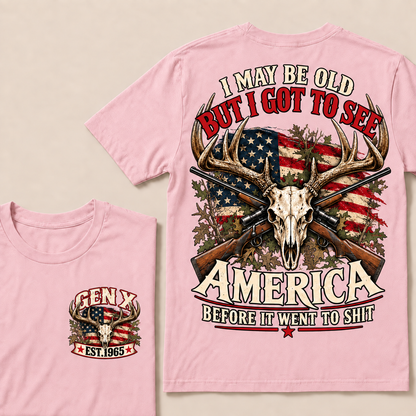 Funny Gen X Hunter T-Shirt, Vintage Deer Skull American Flag Tee, Retro 1965 Hunting Gift, Patriotic Hunter Shirt