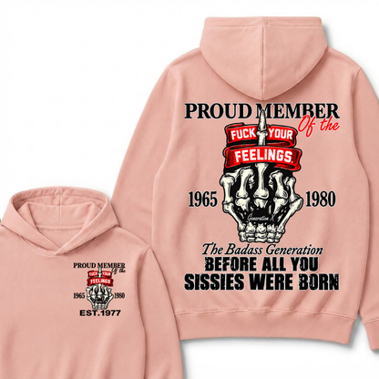 Proud Member Of The Gen X 1965-1980 Skeleton Hand Quote Front Back Print EST.Year Attitude Graphic Hoodie