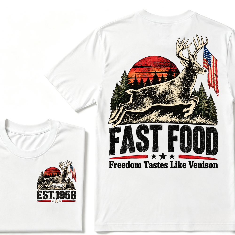 Fast Food Deer Hunting T-Shirt, Freedom Tastes Like Venison Vintage Sunset USA Flag EST.Year Hunter Graphic Tee