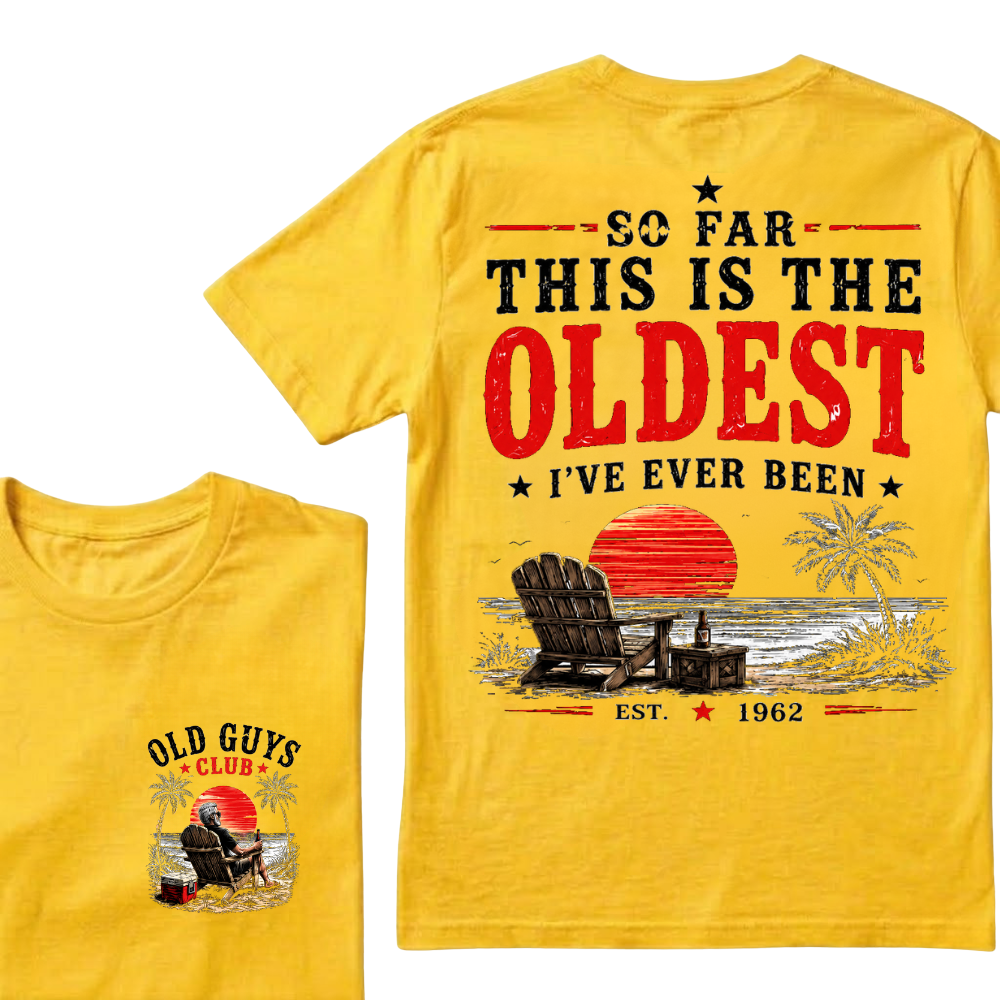 🌅 "Old Guys Club" Vintage Beach Birthday Commemorative Graphic T-Shirt