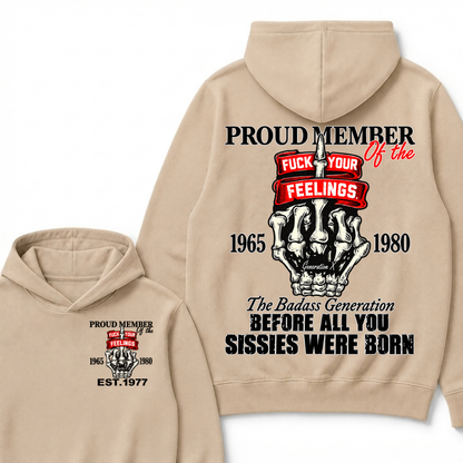Proud Member Of The Gen X 1965-1980 Skeleton Hand Quote Front Back Print EST.Year Attitude Graphic Hoodie