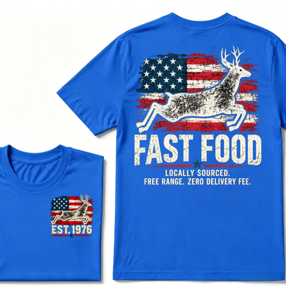 Fast Food Deer Hunting T-Shirt, Locally Sourced Free Range Zero Delivery Fee Vintage American Flag EST.Year Hunter Graphic Tee