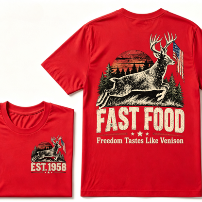 Fast Food Deer Hunting T-Shirt, Freedom Tastes Like Venison Vintage Sunset USA Flag EST.Year Hunter Graphic Tee