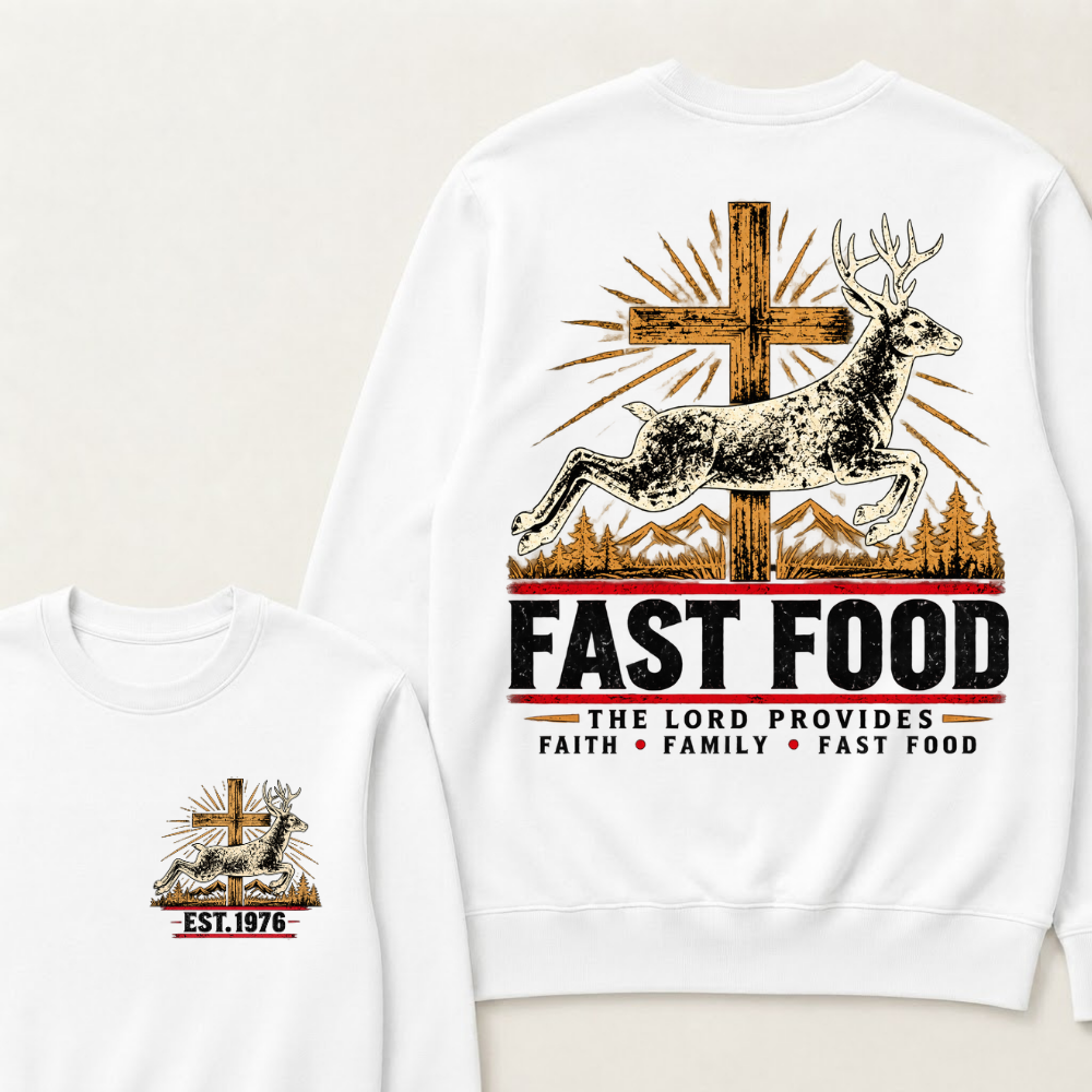 FAST FOOD – The Lord Provides | Faith, Family & Hunting Custom Year Sweatshirt