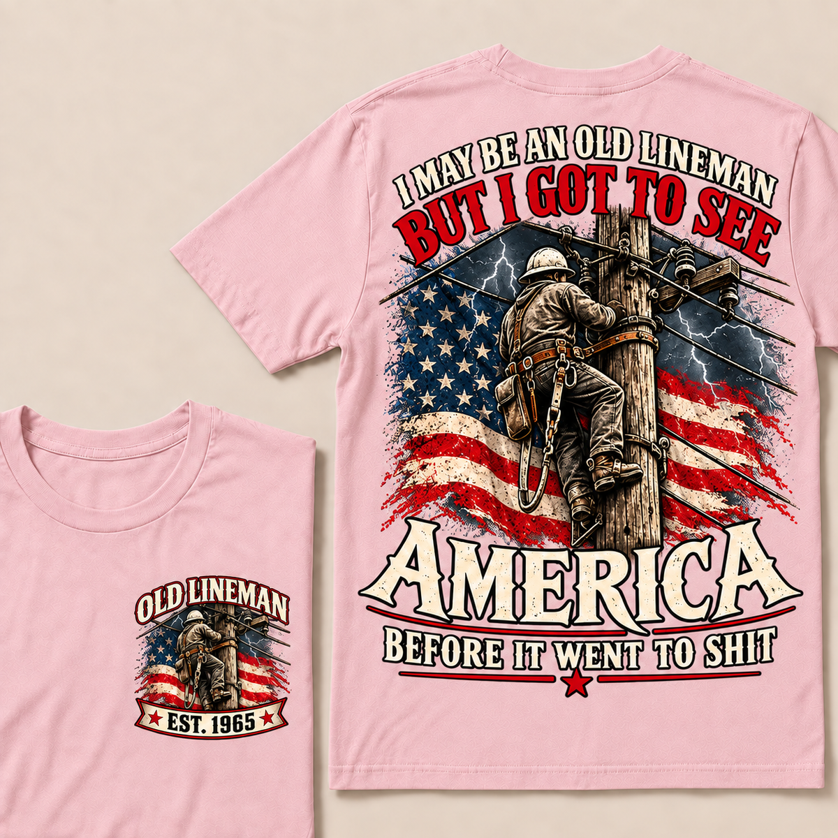 Funny Old Lineman American Flag T-Shirt, Vintage Electrician Lineman Gift, Patriotic USA Powerline Worker Tee, Retro 1965 Lineman Shirt