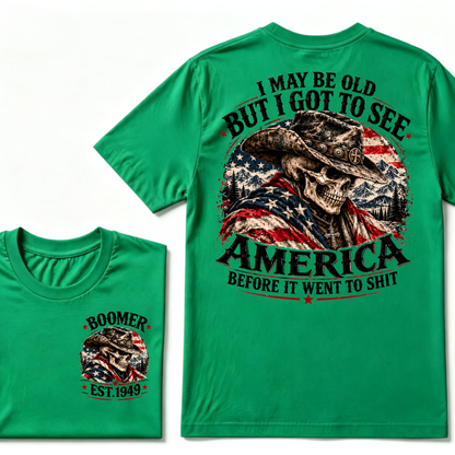 Boomer EST.Year Cowboy Skull American Flag I May Be Old But I Got To See America Vintage Graphic T-Shirt