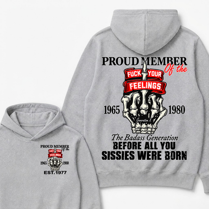 Proud Member Of The Gen X 1965-1980 Skeleton Hand Quote Front Back Print EST.Year Attitude Graphic Hoodie