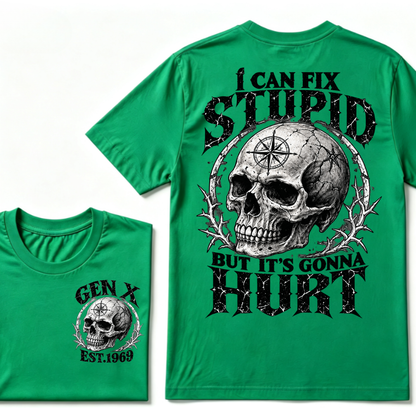 Gen X EST.Year Skull Compass I Can Fix Stupid But It's Gonna Hurt Vintage Graphic T-Shirt