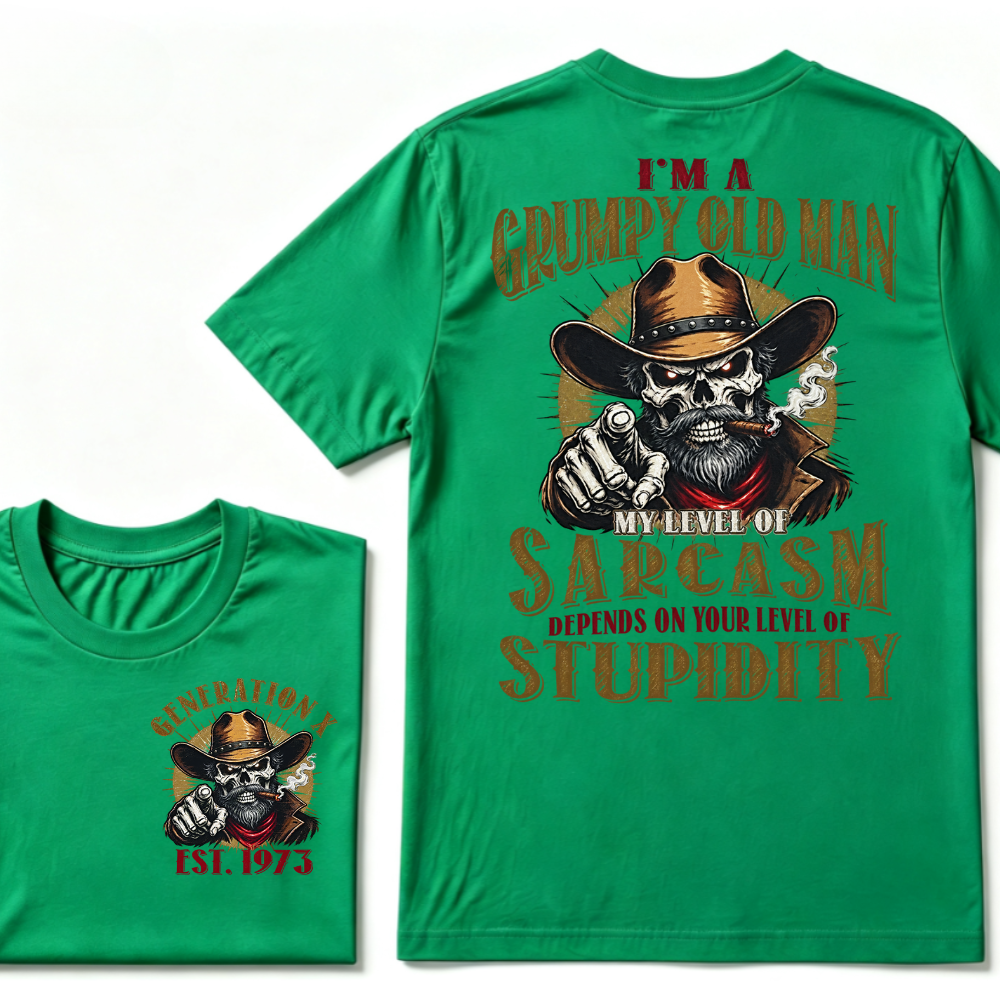 I'm A Grumpy Old Man My Level Of Sarcasm Depends On Your Level Of Stupidity EST.Year Vintage Western Skull Graphic Tee