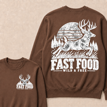 EST.Year Fast Food Wild & Free Vintage Deer Hunting Sunset Forest Graphic Sweatshirt