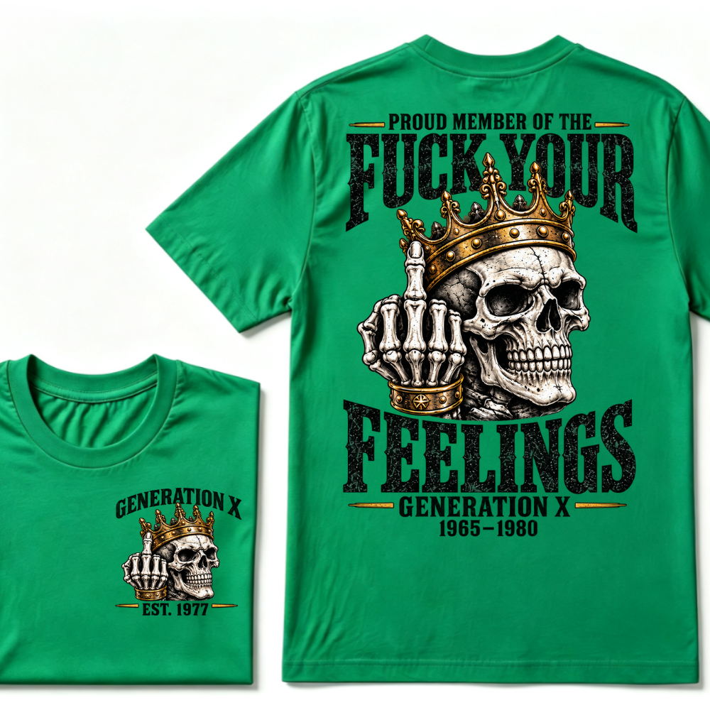 Proud Member Of The FUCK YOUR FEELINGS Gen X 1965-1980 EST.Year Skull Crown Middle Finger T-Shirt