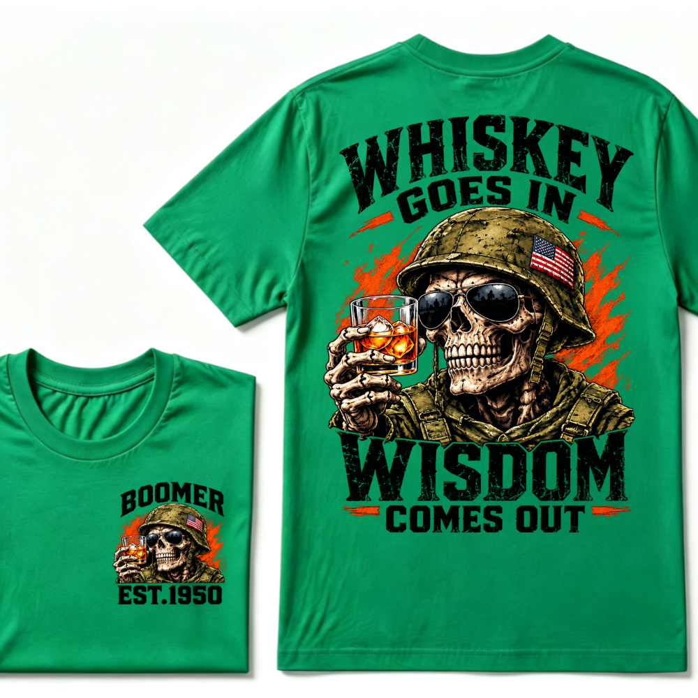 Boomer EST.Year Soldier Skull Whiskey Goes In Wisdom Comes Out American Flag Graphic T-Shirt
