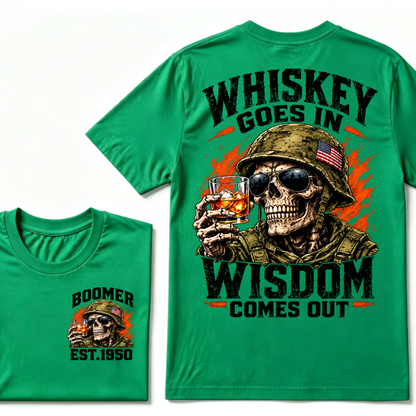 Boomer EST.Year Soldier Skull Whiskey Goes In Wisdom Comes Out American Flag Graphic T-Shirt