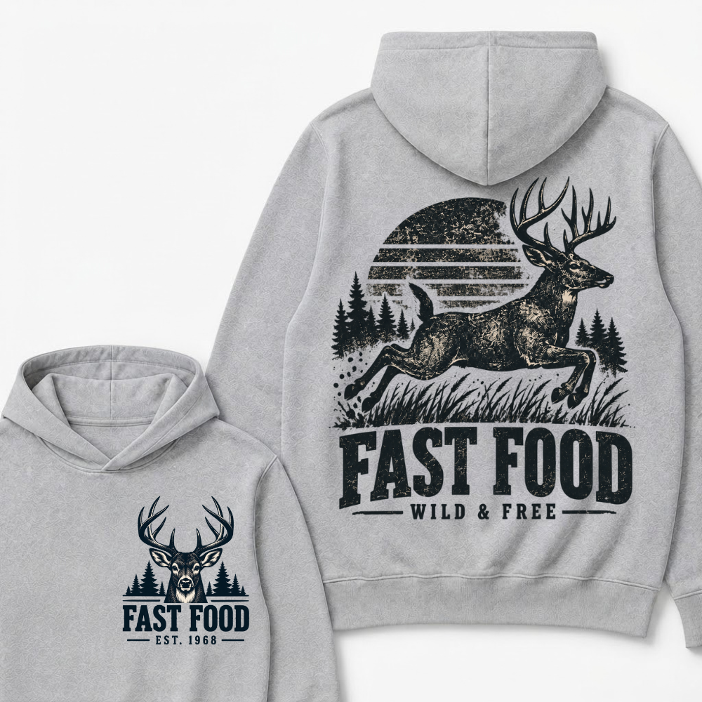 Fast Food Wild & Free Deer Hunting Hoodie EST.Year Vintage Buck Hunter Forest Graphic Hoodie