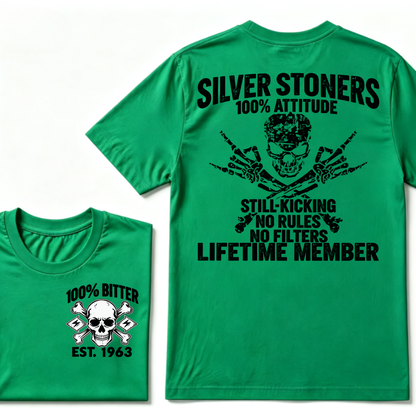 💀 SILVER STONERS: 100% Attitude, Est. Year Apparel T-shirt
