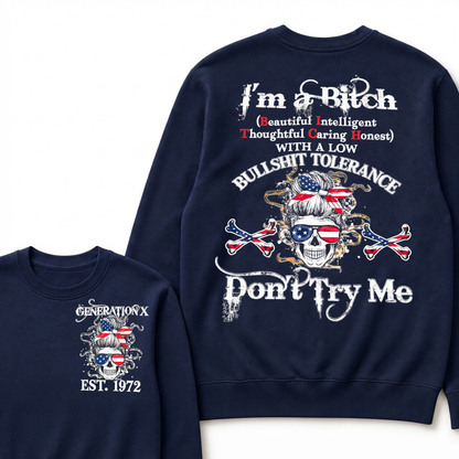 Gen X EST.Year Messy Bun American Flag Skull Low Tolerance Sarcastic Graphic Crewneck Sweatshirt