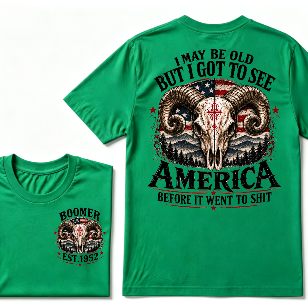Boomer EST.Year Ram Skull American Flag I May Be Old But I Got To See America Vintage Graphic T-Shirt