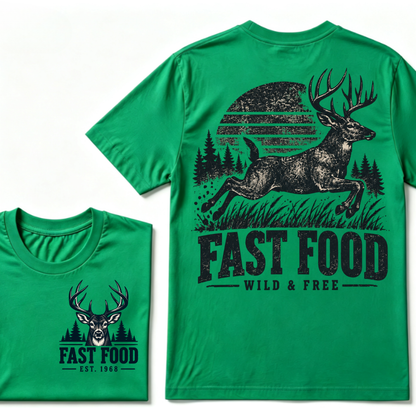 Fast Food Wild & Free Deer Hunting T-Shirt EST.Year Vintage Buck Hunter Forest Graphic Tee