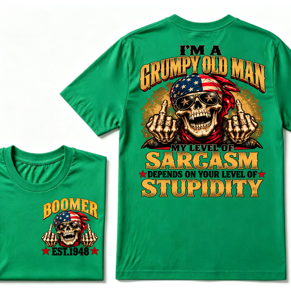 EST.Year I'm A Grumpy Old Man My Level Of Sarcasm Depends On Your Level Of Stupidity American Flag Skull Graphic T-Shirt