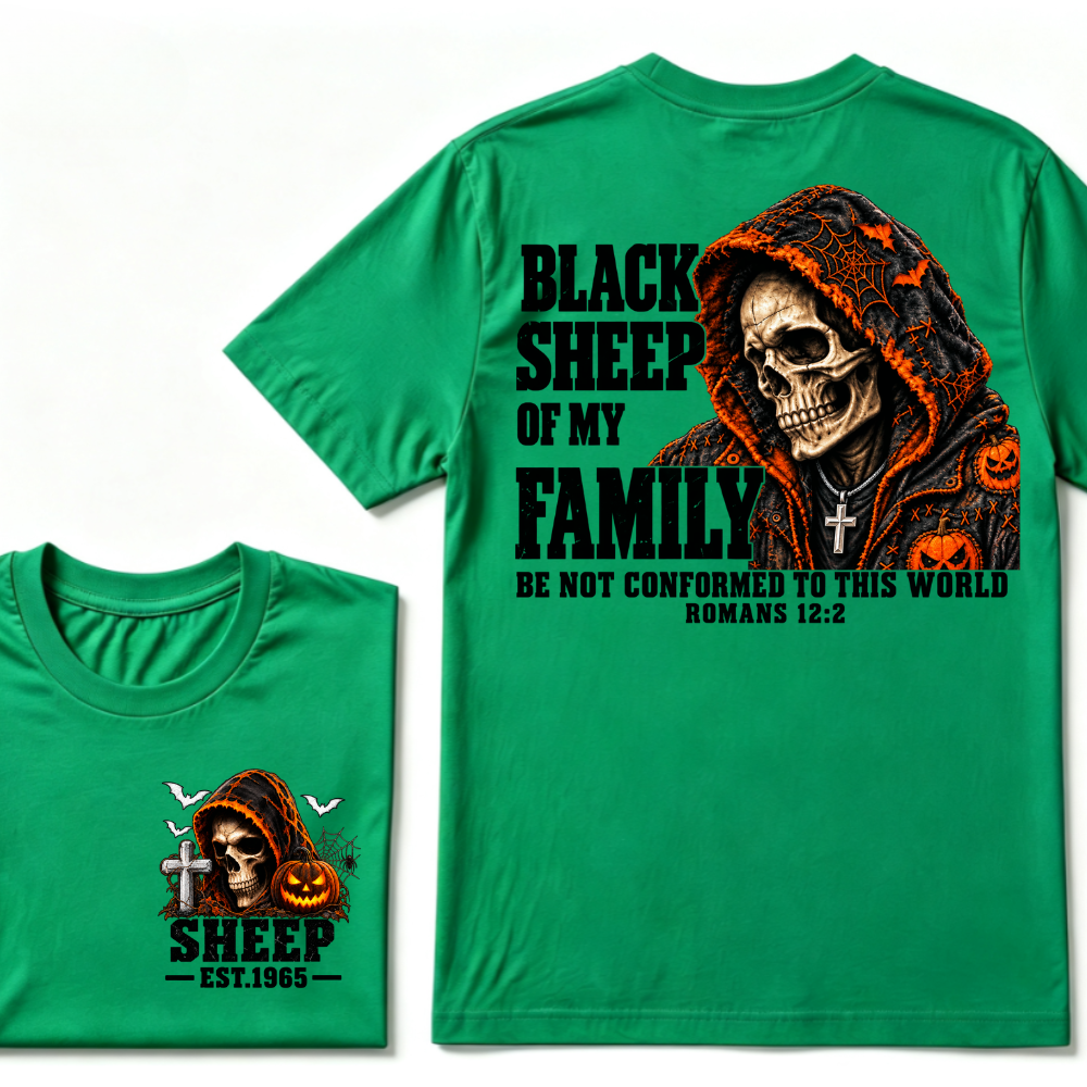 Black Sheep Of My Family Halloween Skull Hooded T-Shirt, Be Not Conformed To This World Romans 12:2 Christian EST.Year Pumpkin Bat Print Graphic Tee