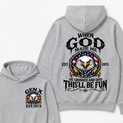 When God Made Me He Grinned And Said This’ll Be Fun EST.Year Vintage Eagle Graphic Hoodie