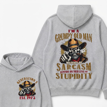 EST.YearI'm A Grumpy Old Man My Level Of Sarcasm Depends On Your Level Of Stupidity Cowboy Skull Graphic Hoodie, Funny Gen X Sarcastic Hooded Sweatshirt