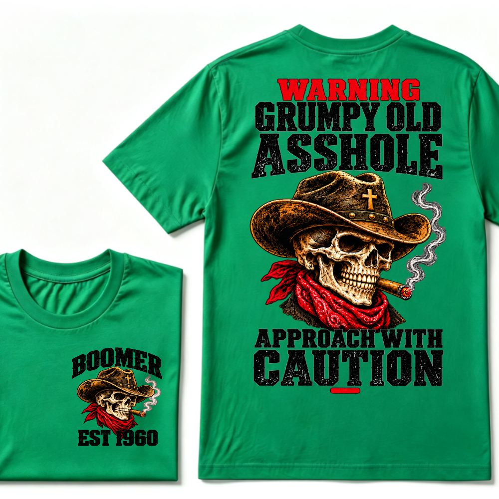 WARNING GRUMPY OLD ASSHOLE APPROACH WITH CAUTION EST.Year Vintage Western Cowboy Skull Tee
