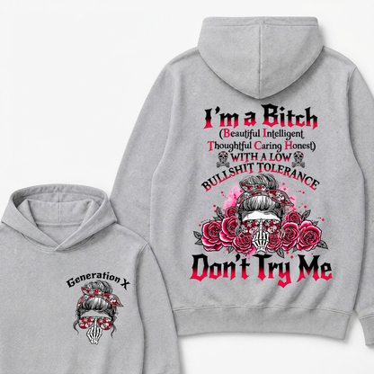 Generation X Hoodie, I'm Beautiful Intelligent Thoughtful Caring Honest Low Tolerance Skull Roses Graphic Hooded Sweatshirt