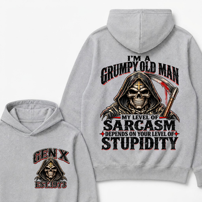 EST.YearI'm A Grumpy Old Man My Level Of Sarcasm Depends On Your Level Of Stupidity Grim Reaper Skull Graphic Hoodie, Funny Gen X Sarcastic Hooded Sweatshirt