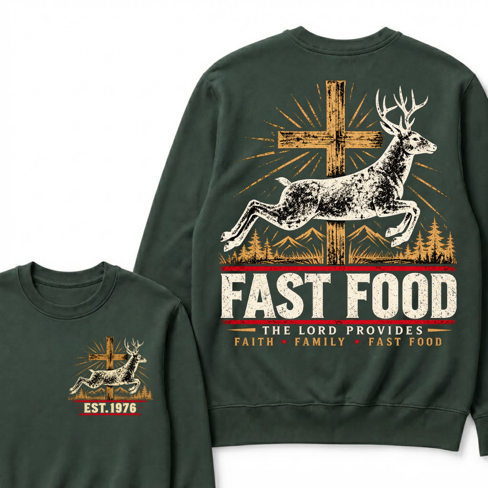 FAST FOOD – The Lord Provides | Faith, Family & Hunting Custom Year Sweatshirt