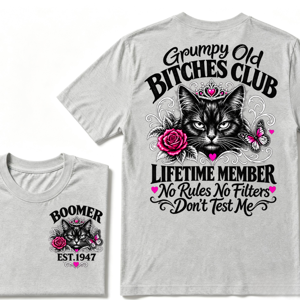 Boomer EST.Year Grumpy Old Club Crown Cat Rose Butterfly Sarcastic Graphic T-Shirt