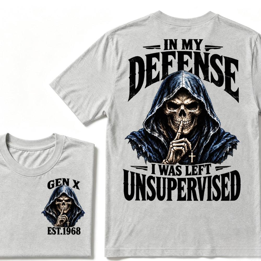 Gen X EST.Year Grim Reaper Skull In My Defense I Was Left Unsupervised Vintage Graphic T-Shirt